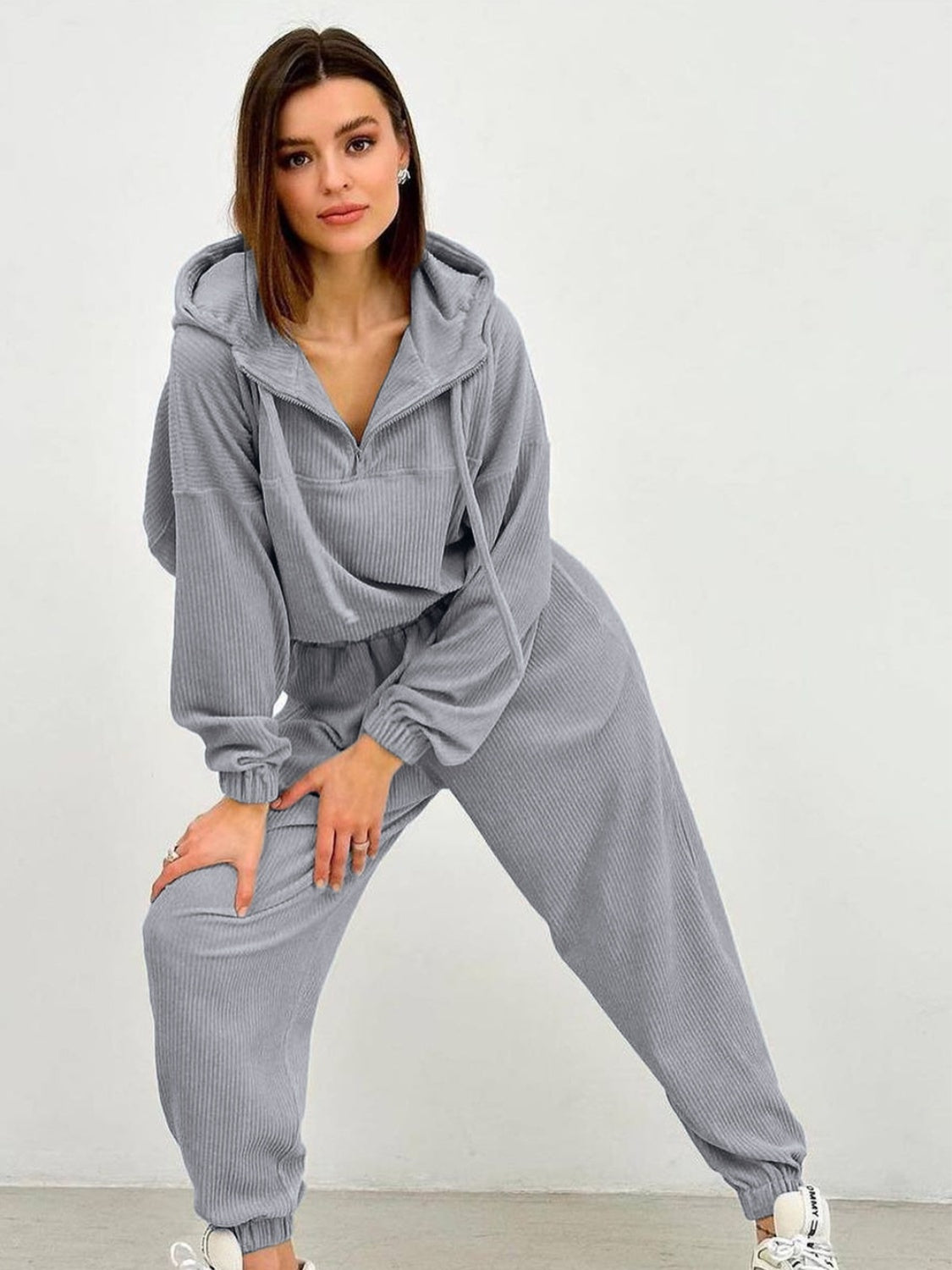 Half Zip Drawstring Hoodie and Pants Set