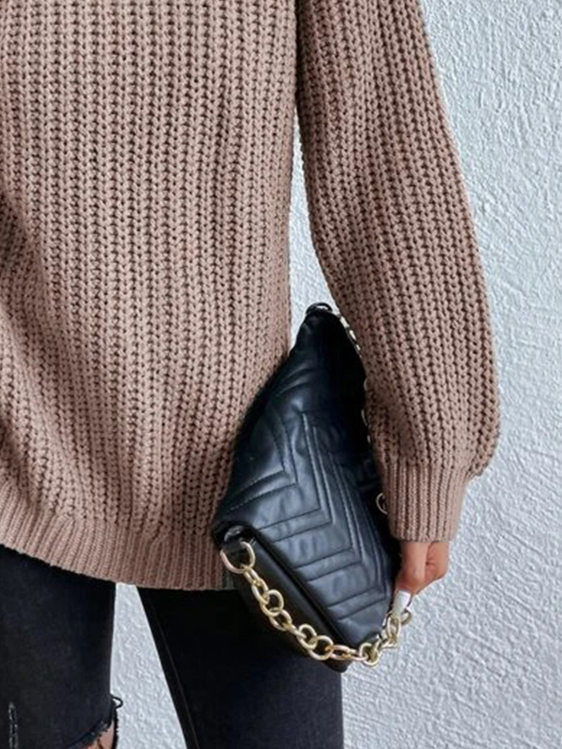 Full Size Turtleneck Rib-Knit Slit Sweater