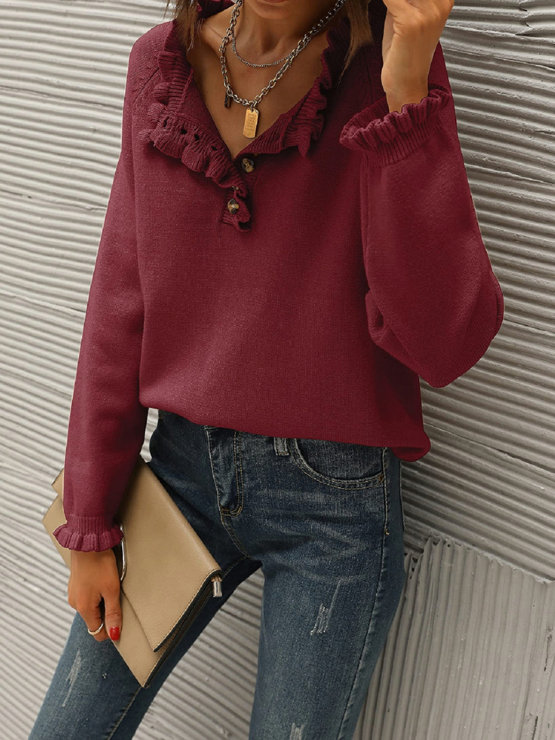 Ruffled Quarter-Button Sweater