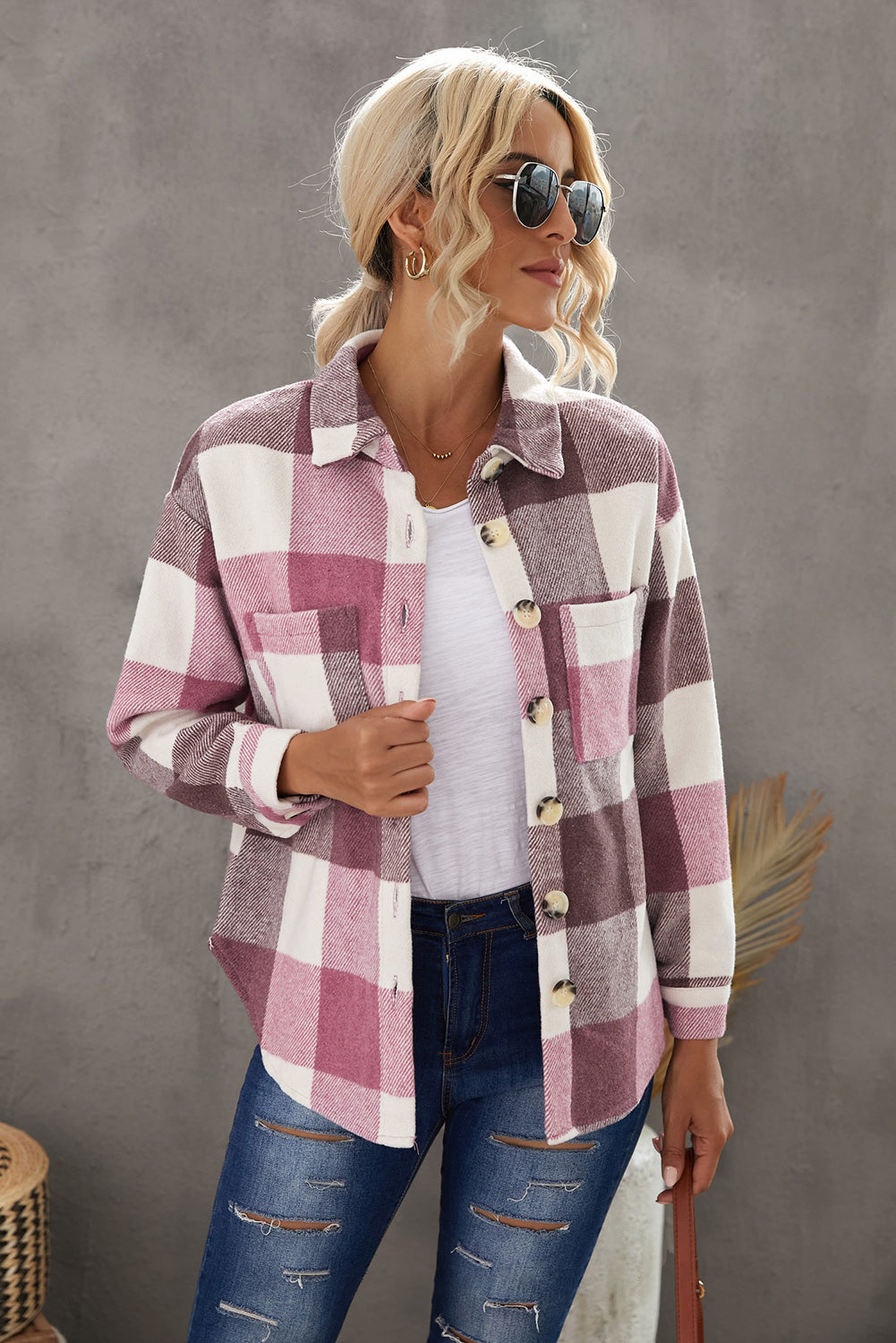 Plaid Button Up Dropped Shoulder Jacket