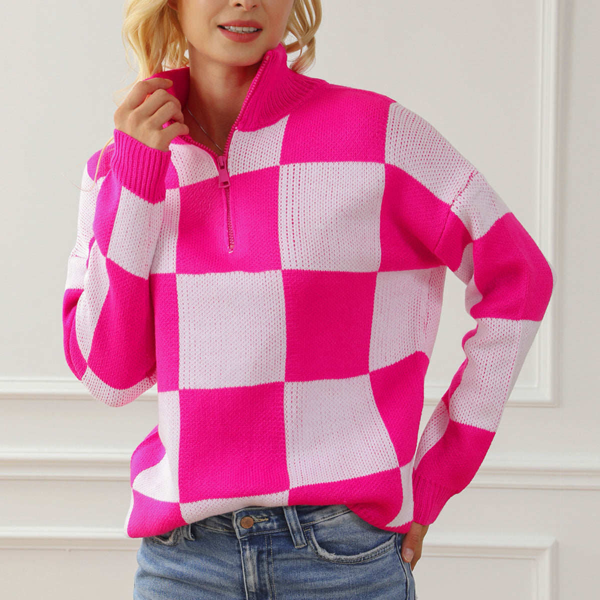 Checkered Half Zip Long Sleeve Sweater