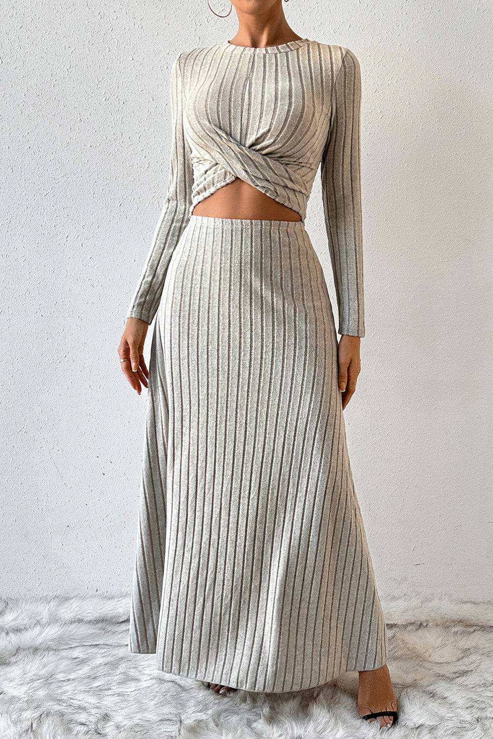 Ribbed Round Neck Top and Skirt Set