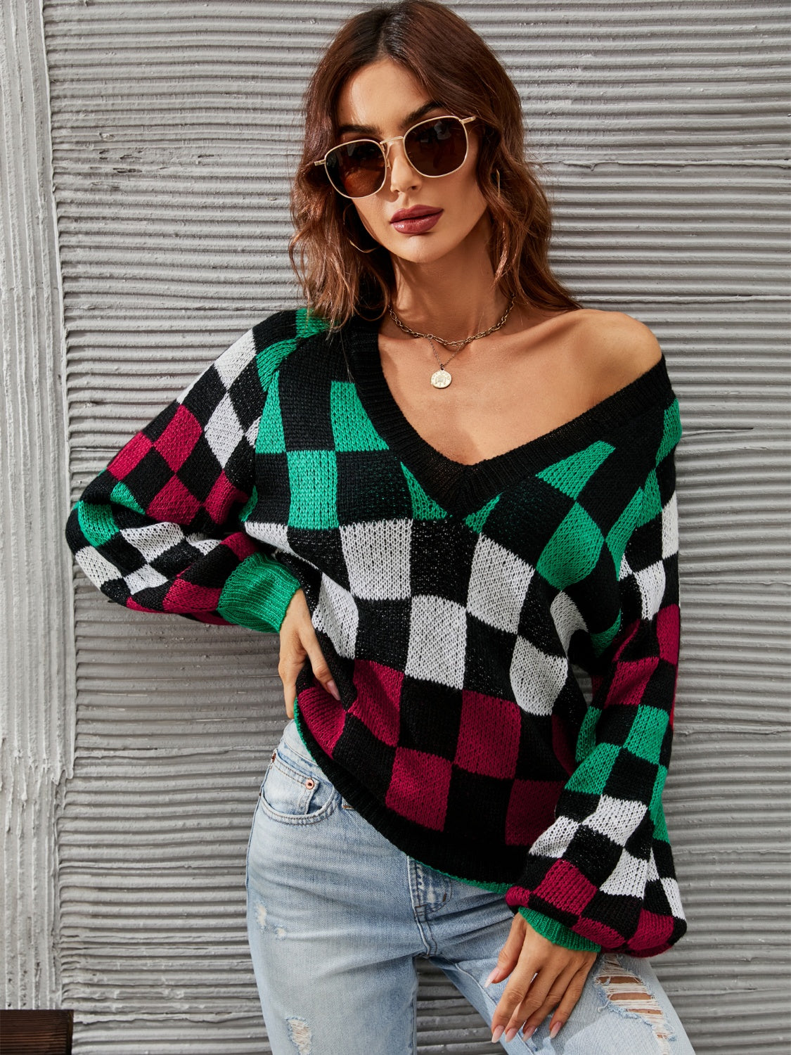 Checkered V-Neck Lantern Sleeve Sweater