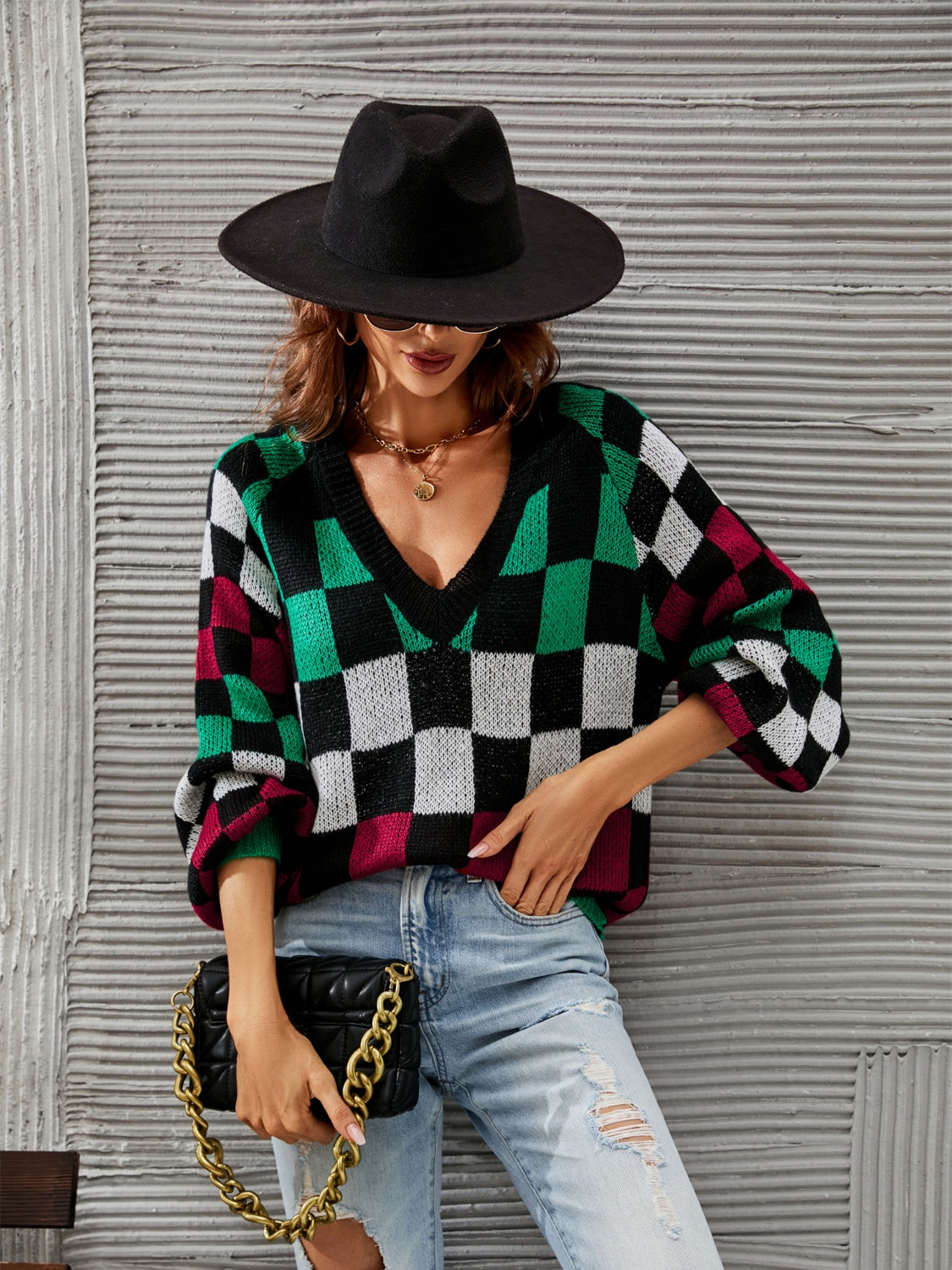 Checkered V-Neck Lantern Sleeve Sweater