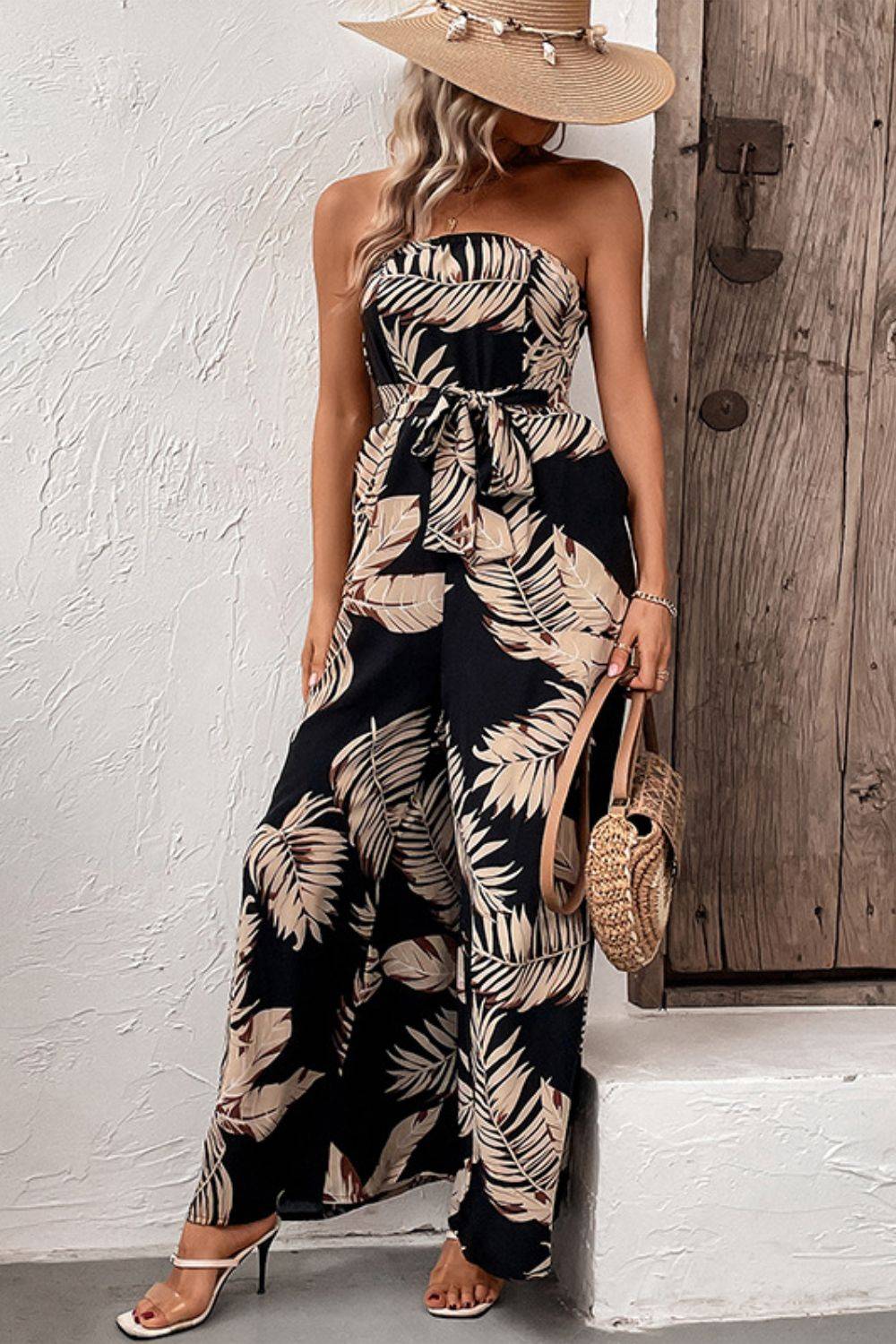 Printed Strapless Wide Leg Jumpsuit with Pockets